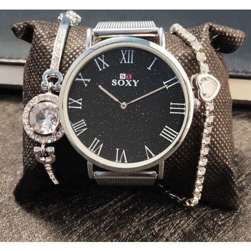 Simple Starry Ladies Watch Set 3PCS Business Mesh Strap Women Watches Gifts Casual Quartz Wristwatch Roman zegarek damski reloj