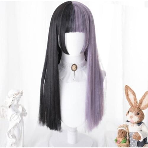 CosplayMix 60CM Women Long Straight Bangs Mixed Black Half Ombre Japan Halloween Synthetic Party Lolita Anime Cosplay Wig+C