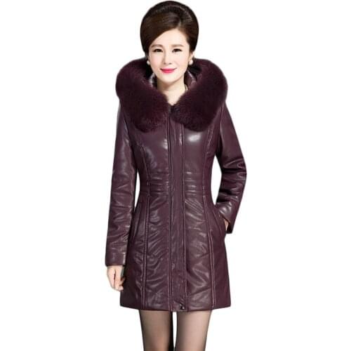 Leather Jacket Women 2020 Winter Plus Size Thick Warmth Fur Hooded Coats Long Slim High Quality Outwear Clothing Feminina LR953