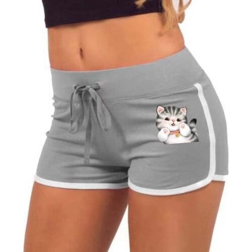 Summer Shorts Women High Waist Elasticated Leggings Push Up Gym Training Pocket Cat Cute Printing Fashion Short