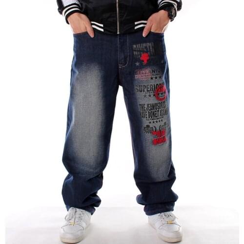 Men Street Dance Jeans Hiphop Fashion Embroidery Blue Loose Board Denim Pants Overall Male Rap Hip Hop Jeans Plus Size 30-46