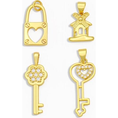 OCESRIO Polished CZ Tiny Key Necklace Charms for Women Heart Locket Gold Pendant Charms for jewelry Making pdta205