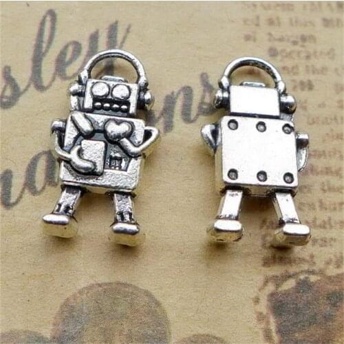 BULK 30 Zinc Alloy Mini Robot Charms Antique Silver Plated Nickle Free Jewelry Supply 17*19.5mm 1.5g