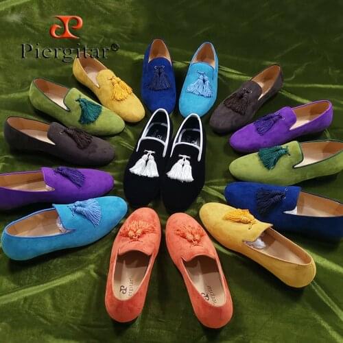 Piergitar 2019 Colorful matching tassel men suede shoes Party and Wedding Mens loafers handmade men smoking slippers plus size