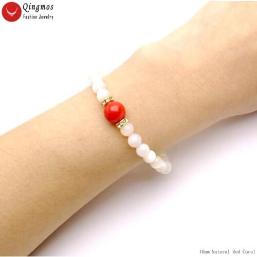 Qingmos Fashion Natural 6mm White Shell Beads Bracelet for Women with 10mm Round Natural Red Coral Bracelet 7.5" Jewelry bra499