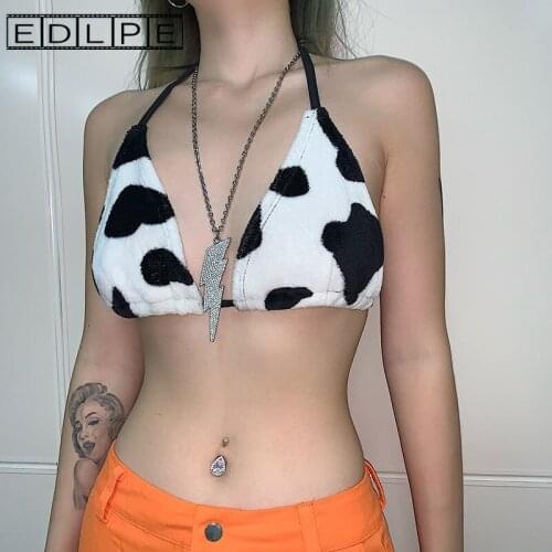 Cow Print Sexy Hot Girl Open Back Halter Cute Unif Y2k Crop Top All Neon Store Clothes Cropped Top Sexy Streetwear