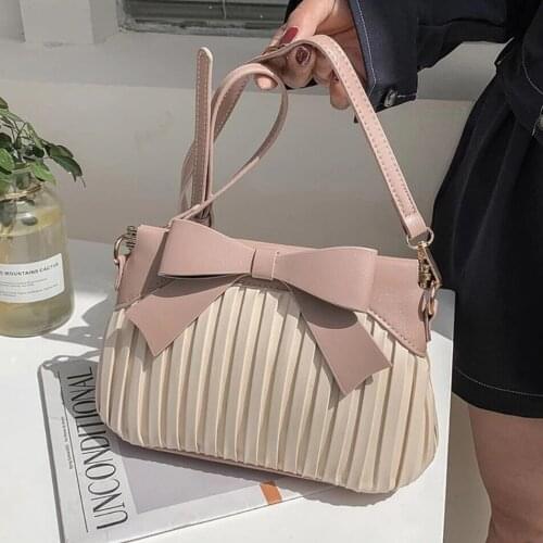 Pink Bow Pleated Crossbody bag 2021 Summer New Quality PU Leather Womens Designer Handbag Beautiful Lady Shoulder Messenger Bag