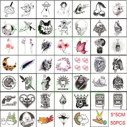 Temporary Tattoo Sticker Set Gun Skull Rabbit Sword Feather Flower Tatoo Flash Tatto Fake Waterproof Art for Men Women 50 Pcs
