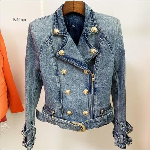 Women Denim Jacket Female Coat Metal Button Buckle Double Zipper Oblique Zipper Motorcycle Short Jean Women Jackets New