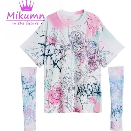 Harajuku Women Cartoon Print T Shirts With Gloves Japanese Girls O-Neck Short Sleeve Top Tees Y2K Summer Chic Streetwear