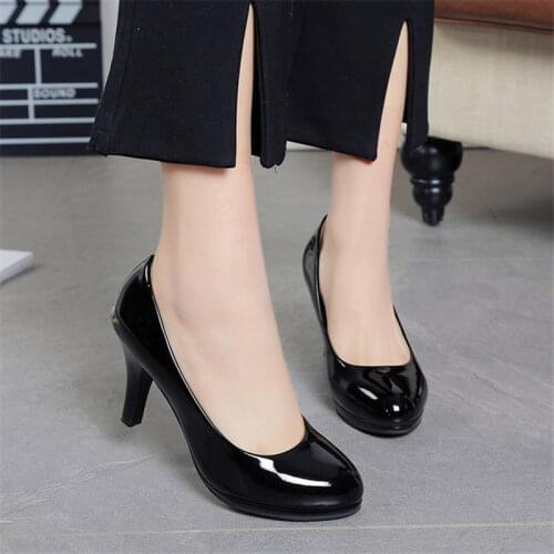 2018 career stiletto and high heel ladies' shoes red work shoes with patent leather light mouth and round head 8cm