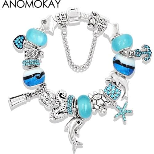 Blue Ocean Dolphin Tortoise Animal Charm Bracelets & Bangles Fashion Murano Bead Bracelet Jewelry Pulseras for Women Child Gift