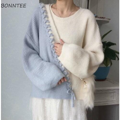 Sweaters Women Loose Fashion Sweet Patchwork O-Neck Long Sleeve All-match Japanese Style Pullovers Female Knitting College New