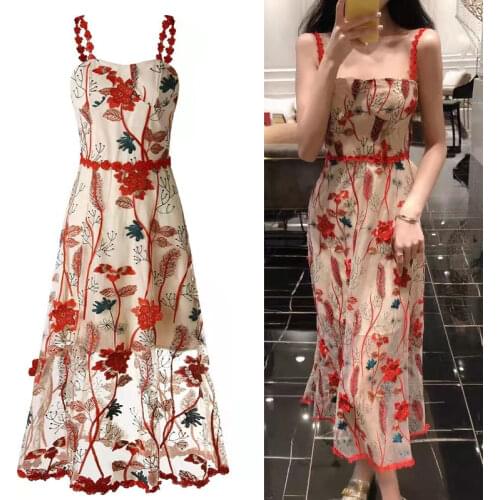 New summer spaghetti strap beach dress woman sleeveless Delicate flower embroidery midi dress streetwear runway mesh vestido