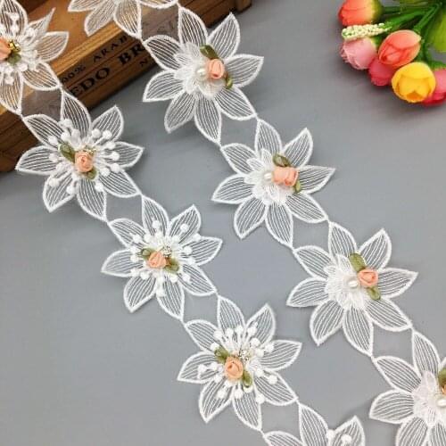 1 Yard Pearl Rose Flower Embroidered Lace Trim Ribbon African Fabric Handmade Wedding Sewing Craft For Costume Hat Decoration