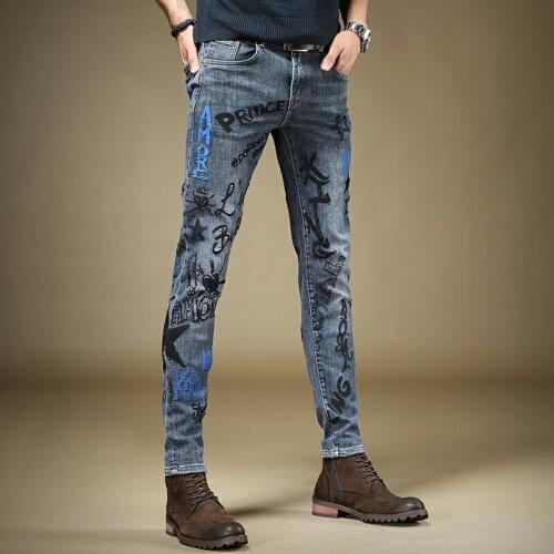 Free Shipping New 2020 mens male Autumn and winter jeans Slim-fit trendy brand graffiti embroidery pants trendy casual trousers