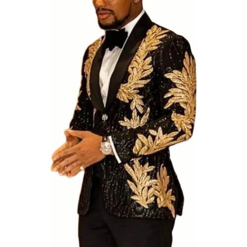 Glitter Embroidery Blazers With Black Pants Groom Wear Slim Fit Custom Made Men Suits For Wedding Prom Dresses Tuxedoes 2Pieces