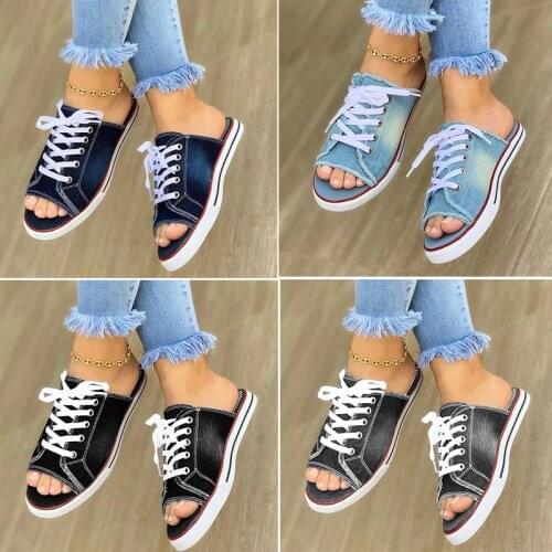 35-43 Fashion Women Canvas Sandals 2021 Breathable Summer Slippers Lace Up Open Toe Ladies Faux Denim Flat Shoes Zapatos Mujer