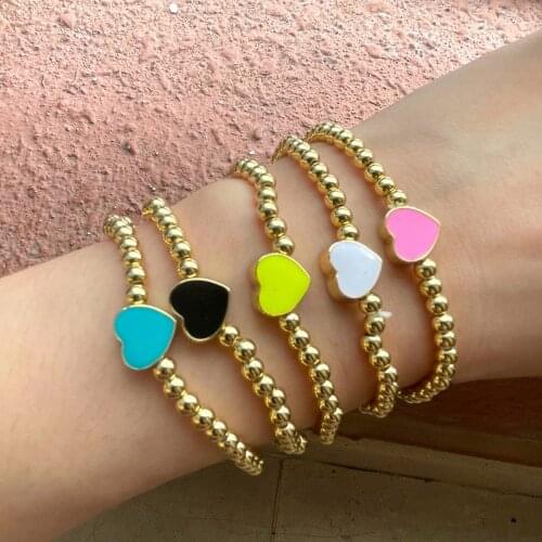 10Pcs Fashion Enamel Heart Charm Gold Beaded Bracelet, Heart Gold Bead Bracelet, Elastic Gold Bead Bracelet, Women /Girl Gift