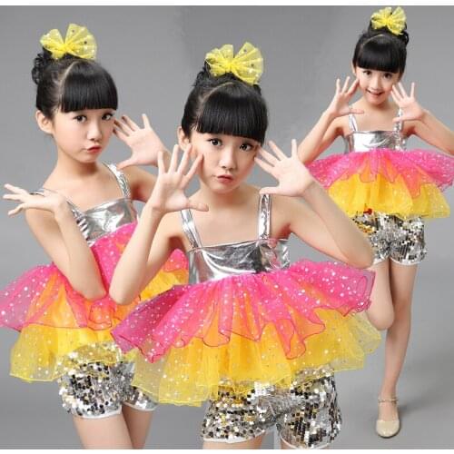 Children Modern Dance Costumes Sequins Jazz Dance Clothing Set For Kids Girls Dance Outfit Stage Suit Cheerleader Dress