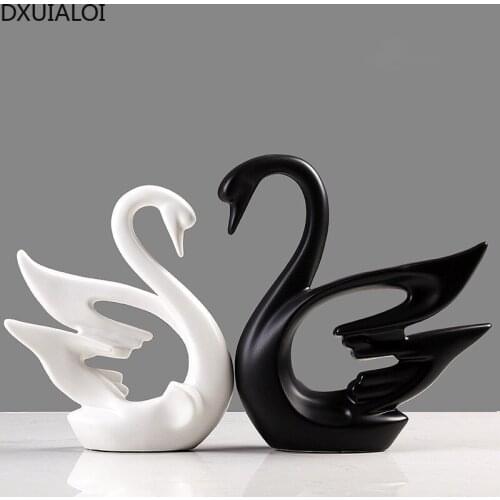 DXUIALOI Nordic minimalist black and white couple swan ornaments ceramic crafts creative living room desktop home decoration