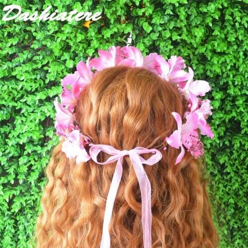 Hawaiian Flower Crown Pink Wedding Fabric Orchid Princess Hair Band Birthday Party Headwear Graduation Maternity Photo Shoot