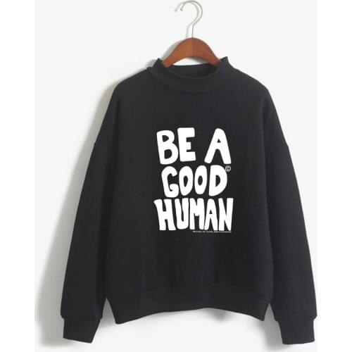 Bangtan Boys y2k Hoodie Women Kpop BE A GOOD HUMAN Letter Printed Fleece Turtleneck Tops Casuak Korean Fashion Female Sweatshirt