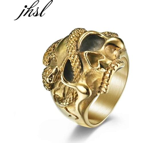 JHSL Big Large Skull Snake Rings Men Silver Color Stainless Steel Male Fashion Jewelry Halloween Gift Size 8 9 10 11 12