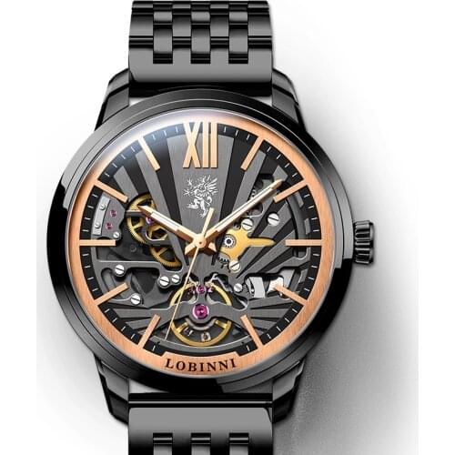 LOBINNI automatic watch for men,luxury mens wrist watches 50m waterproof mechanical wristwatch skeletonstainless steel Clock