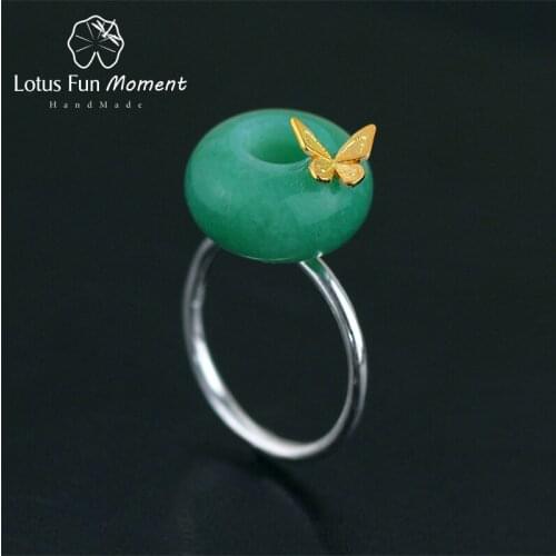 Lotus Fun Moment Real 925 Sterling Silver Natural Stone Handmade Original Fashion Jewelry Butterfly Resizable Female Rings