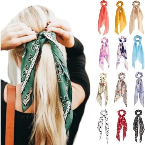 2020 Fashion Floral Print Scrunchies Solid Long Hair Ribbon For Women Ponytail Scarf Sweet Elastic Hair Bands Hair Accessories