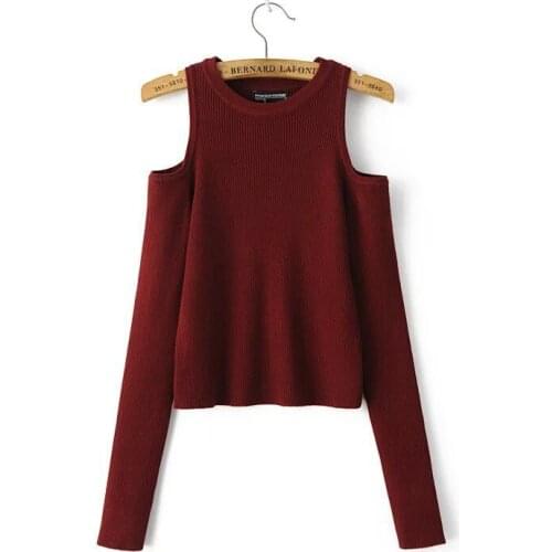 Fashion expose shoulder knitted sweater women long sleeve O-neck stretch sweaters female sexy tees tops casual pullovers 3110