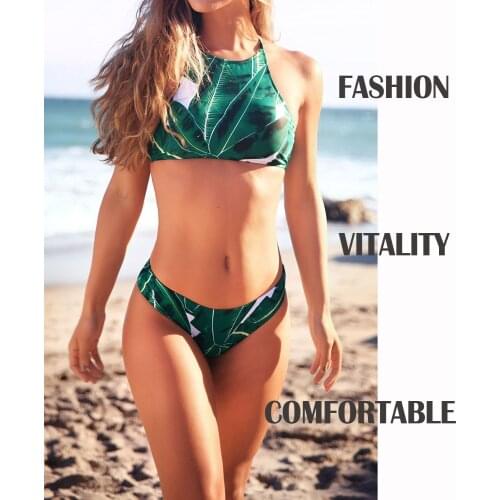 Fashion Womens Forest Leaves Printing Beach Split Bikini Set with Chest Pad