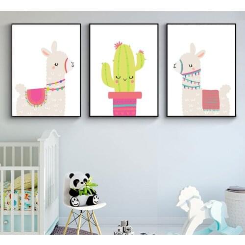 Nursery Print Cartoon Llama Cactus Alpaca Wall Art Canvas Painting Picture Nordic Kid Room Posters for Bedroom wall Decor