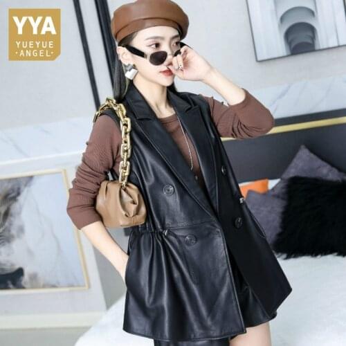 Office Lady Vest Elegant Genuine Leather Sheepskin Slim Sleeveless Jacket Fashion Medium Long Double Breasted Waistcoat M-3XL