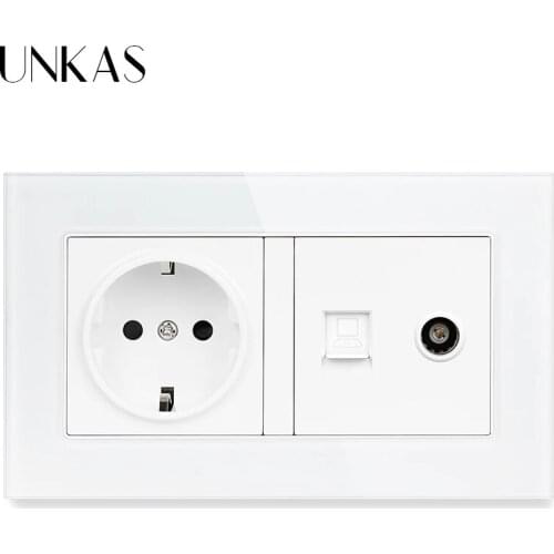 UNKAS Tempered Crystal Glass Panel EU Standard Socket + RJ45 Internet Computer Jack TV Television Port 146MM*86MM Outlet