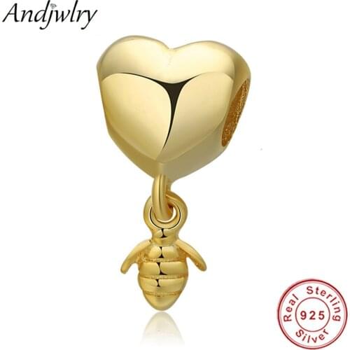 Fits Original Charms Bracelets 925 Sterling Silver Beads Animal Shine Gold Heart Bee Beads Pendant Charm DIY Jewelry