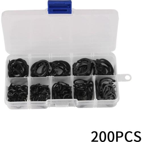 200Pcs M6-M20 Carbon Steel Internal External Retaining Circlips C-clip Washers Snap Retaining Ring Assortment Kit