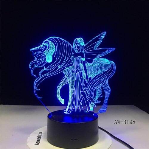 3D LED Night Light for Have Wings Unicorn and Girl with 7 Colors Light for Home Decoration Horse Lamp Visualization Gift AW-3198