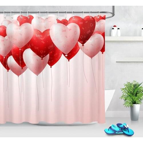 Valentines Day Fabric Shower Curtain with Hooks Red Pink Love Heart Balloon Bathroom Curtain Waterproof Bath Curtain for Home