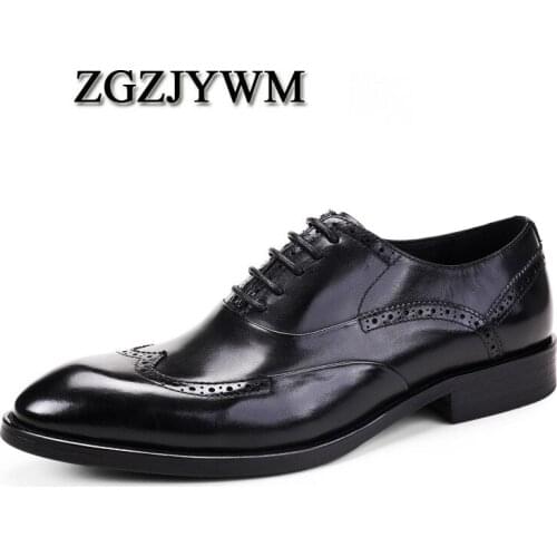 ZGZJYWM Fashion High Quality Spring/Autumn Lace-Up Pointed Toe Genuine Leather Business Flat Wedding Man Dress Shoes