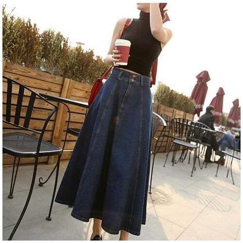 Clobee High Waist Jeans A Line Women Skirt Work Elegant Casual Ladies Long Jupe Lolita School Mori Girl Denim Saia V191