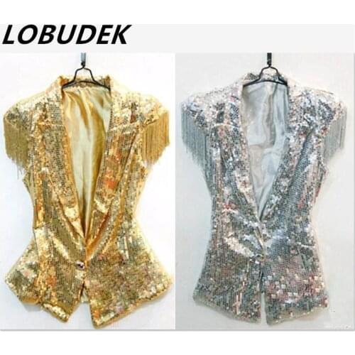 Female male silver gold sequins vest jacket fashion singer performance Ds lead dancer clothing tassel jazz dancer costume top