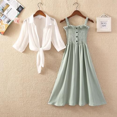 2021 Fashion Women Summer Solid Color Chiffon Shirt Top + Long Spaghetti Strap Dress Suit Female New Chic Two Pieces Sets Q56