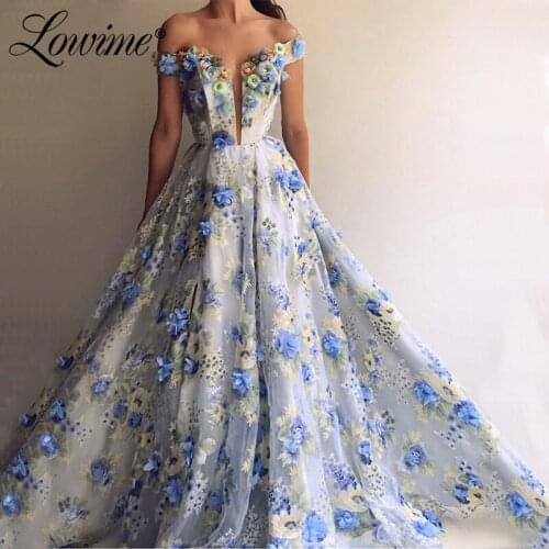 Vestido Amazing Off Shoulder Blue Prom Dresses 2020 Handmade Flowers Formal Evening Gown Arabic Dubai Party Dress Robe De Soiree
