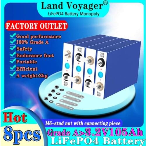 8pcs 3.2V 105Ah battery pack LiFePO4 12V 24V 3C 300A Lithium iron phospha 105000mAh Motorcycle Electric Car motor batteries
