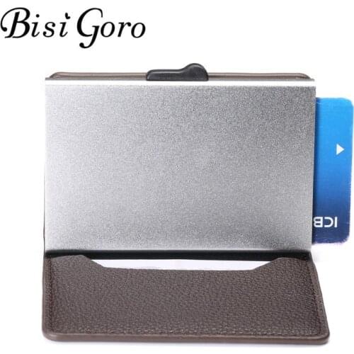 BISI GORO Business Card Holder RFID Blocking Card Wallet Aluminum Box Fashion Soft Leather Slim Black Card Case Dropshipping