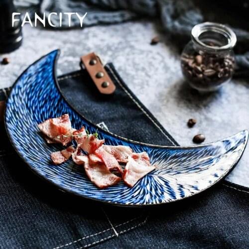 FANCITY Japanese Blue Ceramic Crescent Sushi Dish Commercial Tableware Modern Household Kiln Variable Ceramic Western Food Desse