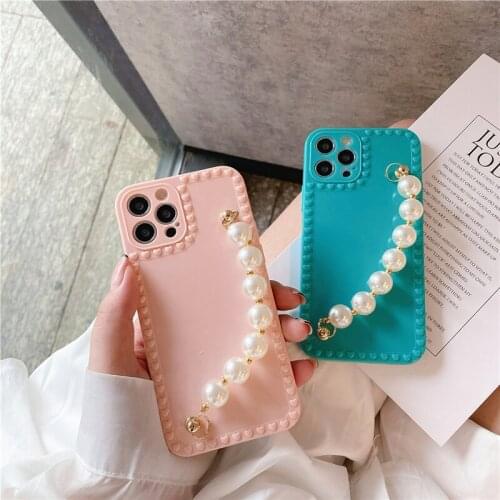 Love heart Frame Pearl Chain Bracelet Soft Phone Case for iPhone 12 Pro MAX Mini 11 Pro X XR XS MAX 7 8 Plus se 2020 Wrist Case