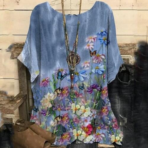 Elegant O Neck T-shirts Women Plus Size Summer Flower Butterfly Print Shirt Casual Cotton Linen Short Sleeve Pullover Tunic Top